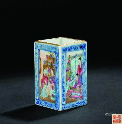 清同治(1856-1874)青花粉彩开光人物纹四方笔筒