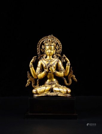 A rare gilt-copper figure of Prajnaparamita, Nepal, 16th century | 尼泊爾 十六世紀 銅鎏金般若佛母坐像