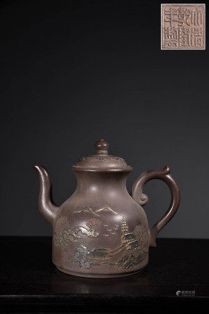 "QIANLONG" MARK HANDMADE PURPLE CLAY TEAPOT WITH PAINTED CLAY AND LANDSCAPE POEMS