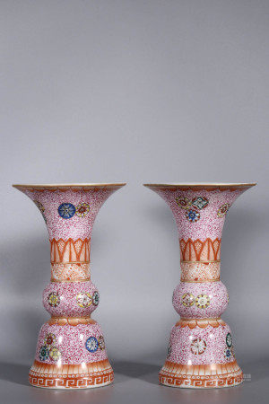 A PAIR OF ROUGE, ALUM, RED BALL, FLOWER VASE WITH "QIANLONG" MARK