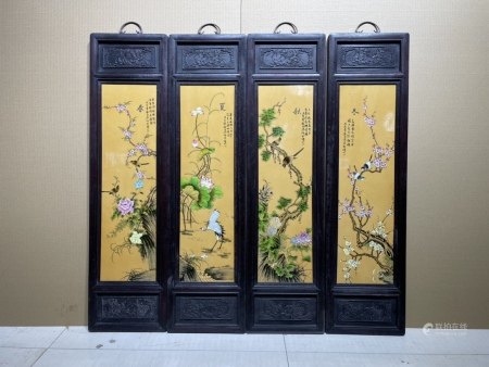 红木镶瓷板画黄底春夏秋冬四条挂屏