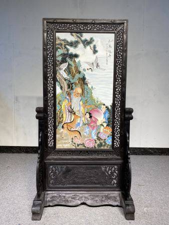 红木镶瓷板画松鹤延年插屏