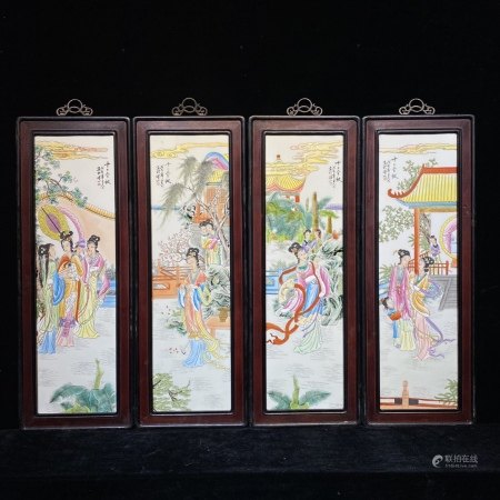 红木镶瓷板画十二金钗四条挂屏