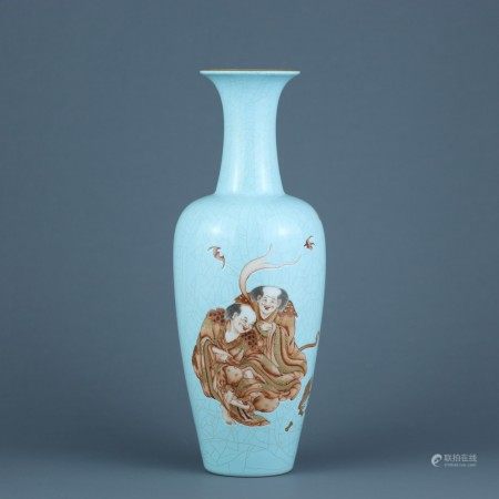 清乾隆松石绿地矾红描金刘海戏金蟾观音瓶