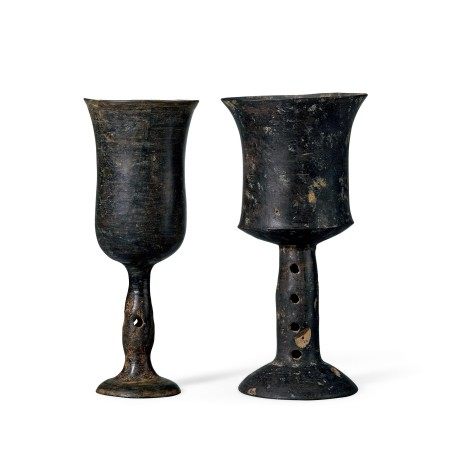 黑陶高足杯兩件  TWO ARCHAIC BLACK POTTERY 'EGG SHELL' STEM CUPS