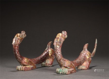 错金银 螭龙摆件一对 Silvering and Gold Ornament in Dagon Form