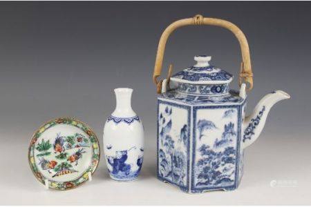 A selection of Chinese porcelain, 20th century, comprising; a blue and white tea kettle and cover,