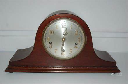 Early 20th C Napoleon Hat Westminster Chiming Mantle Clock, Silver Dial, Brass Cut Out Numerals. 