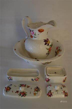 19th Century Hand Painted Porcelain Jug and Basin Together with a Toothbrush Holder and Soap Dish (4 in all) (a/f)