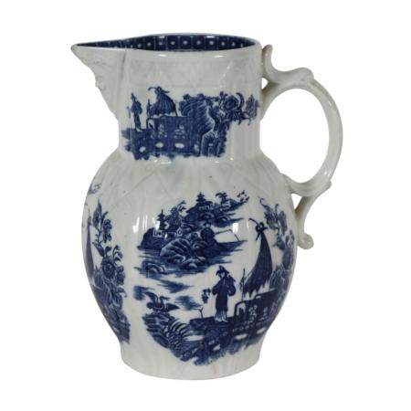 A superb English porcelain ewer having hand painted blue and white Chinese landscape decoration. H 24cm, W 18cm