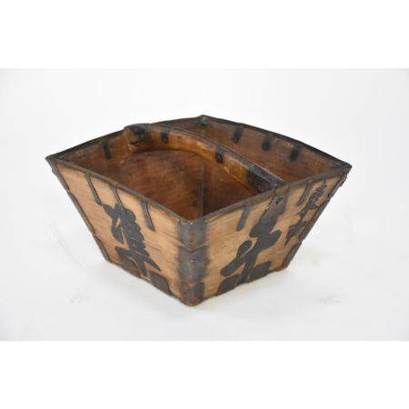 A Chinese pine bucket having symbol decoration. H 20cm, W 33cm