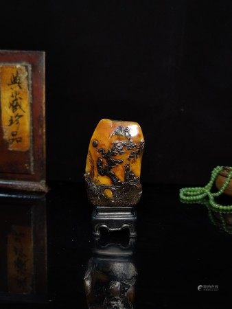 寿山石极品乌鸦皮田黄印章摆件大清著名雕刻家【千秋】之藏品观松图