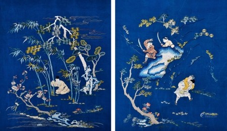 清嘉庆 蓝绸地苏绣“哭竹生笋” “行佣供母”人物故事挂屏一对