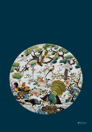 清 粤绣“屏开富贵”花鸟镜芯
