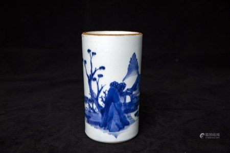 清顺治青花山水纹笔筒