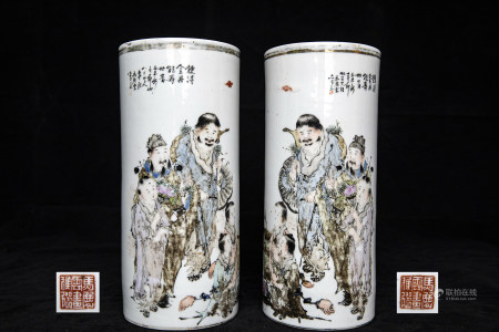 民国己未年马庆云作浅降彩炼丹图帽筒一对