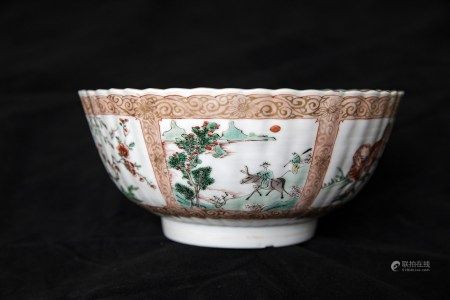 清康熙五彩开窗风景图菊瓣碗