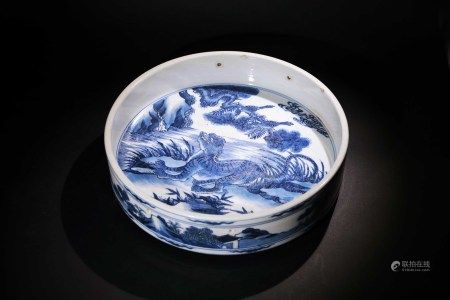 青花老虎三足水洗