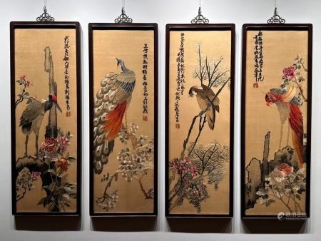 晚清民國 湘繡花鳥四條屏
