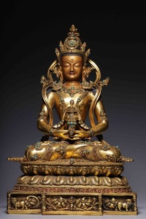 清代 丹萨替寺风格铜鎏金嵌宝长寿佛坐像