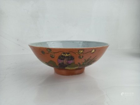 矾红描金小碗D16