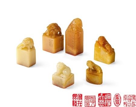 清/民國 趙叔孺等刻壽山石印章一組六方 Qing Dynasty/Republic Period, inscribed by Zhao Shuru SIX INSCRIBED SOAPSTONE SEALS