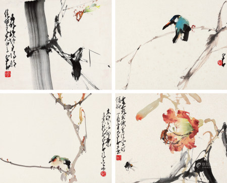 赵少昂  (1905-1998) 花鸟草虫四帧 ZHAO SHAO'ANG BAMBOO, MANTIS, BIRDS AND FLOWERS