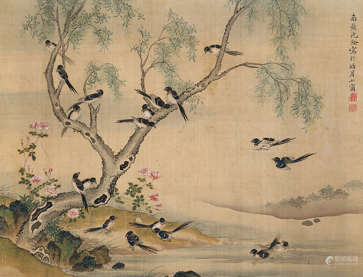 沈铨 1682～1760 柳岸集鹊图