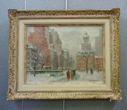 Winter In Central Park Guy Wiggins NYC Oil on Board Painting with COA Letter New York City Snow